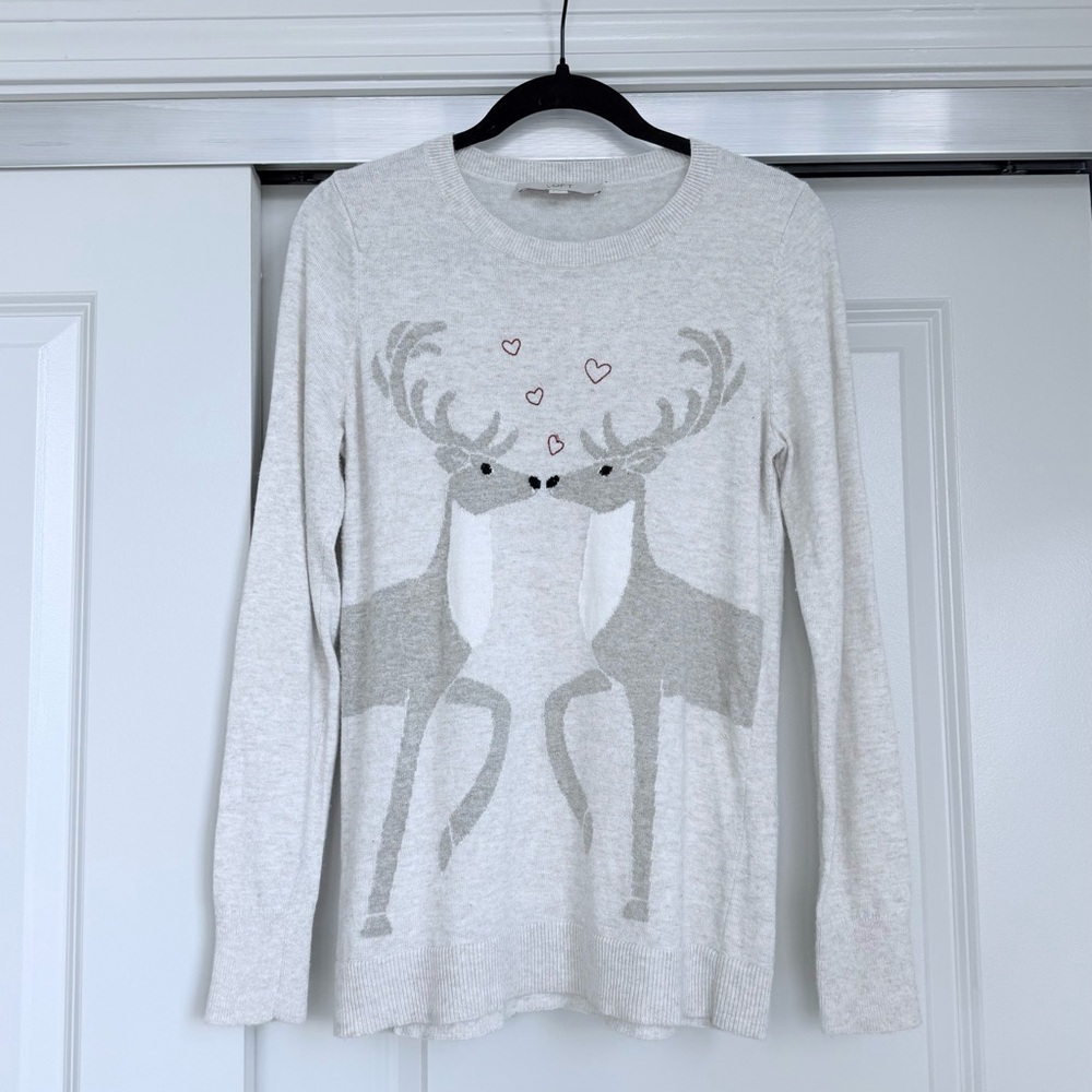 LOFT Cream Sweater with Gray Reindeer Design